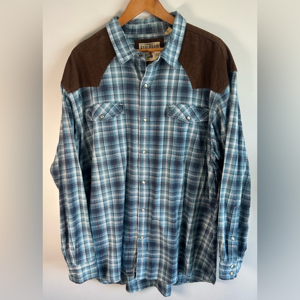 Redhead Pearl Snap Plaid Shirt Mens XXL Blue Brown Shoulder Patches Cowboy RARE